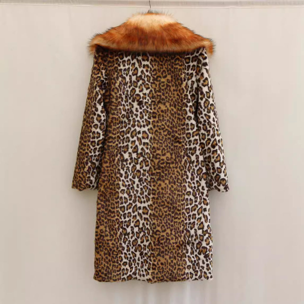 Women’s Longer Faux Fur Coat in Leopard Print with Large Fur Collar and Pocket Trim Fashion Glam
