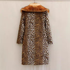 Women’s Longer Faux Fur Coat in Leopard Print with Large Fur Collar and Pocket Trim Fashion Glam