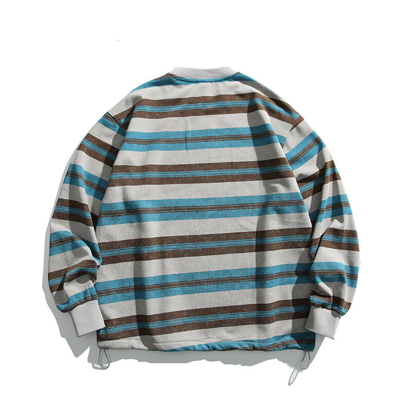 Men's Oversized Striped Sweatshirt with Drawstring Hem and Round Neck Fashion Glam