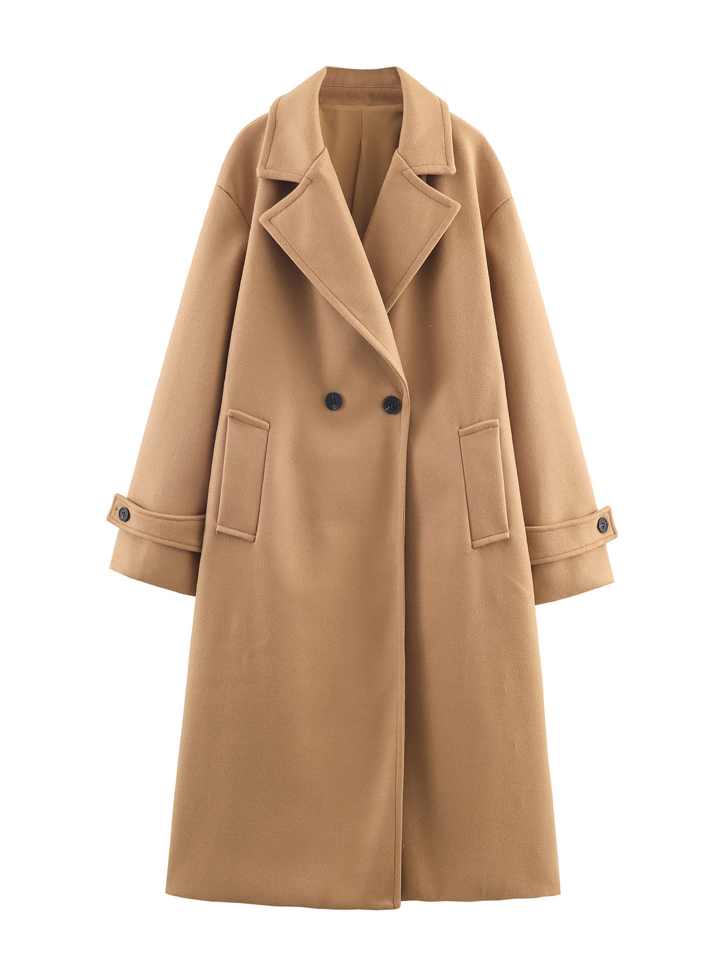 Women Oversized Wool Blend Coat with Double-Breasted Closure, Wide Lapels and Sleeve Tabs Fashion Glam