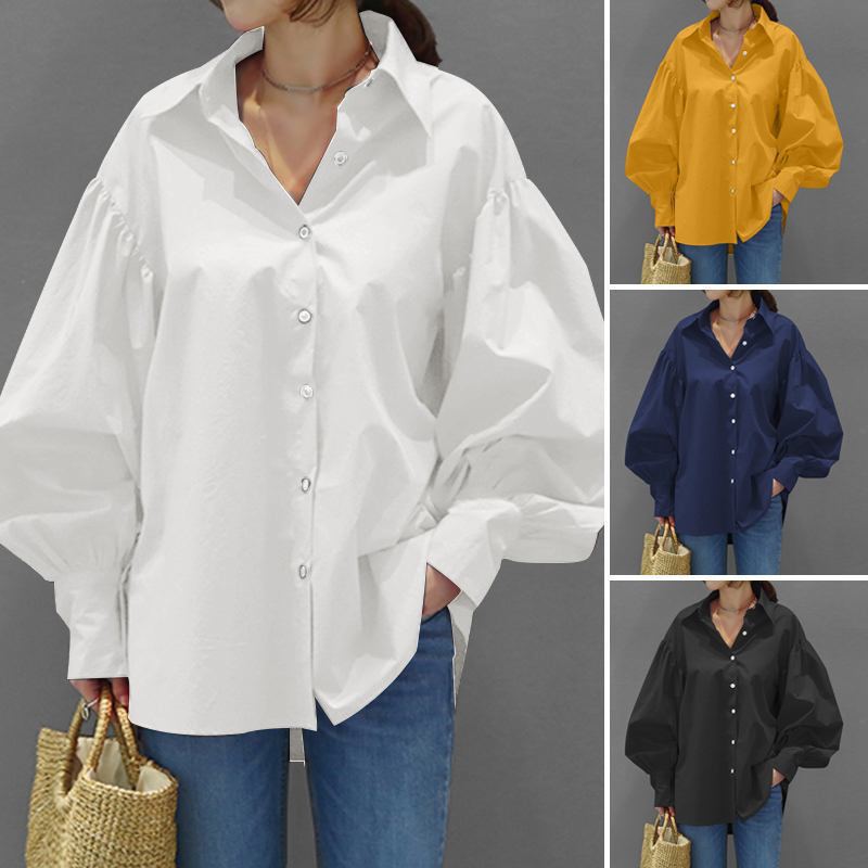 Women's Oversize Blouse with Balloon Sleeves and Shirt Collar Fashion Glam