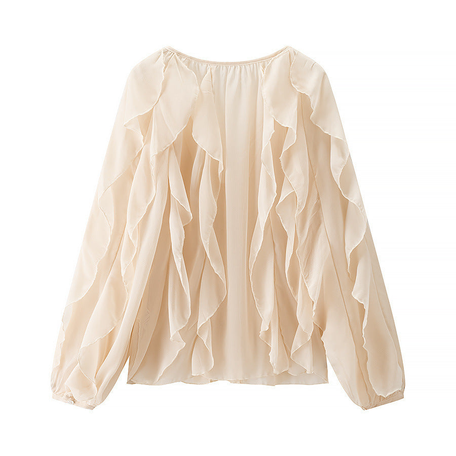 Ladies Voluminous Chiffon Blouse with Layered Ruffles and Button Closure Fashion Glam