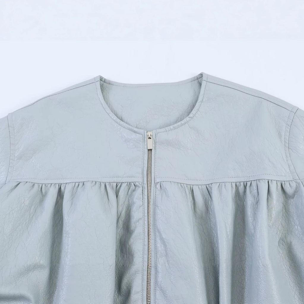 Women Oversize Faux Leather Jacket with Round Neck, Gathered Yoke and Balloon Sleeves Fashion Glam