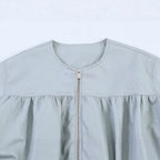Women Oversize Faux Leather Jacket with Round Neck, Gathered Yoke and Balloon Sleeves Fashion Glam