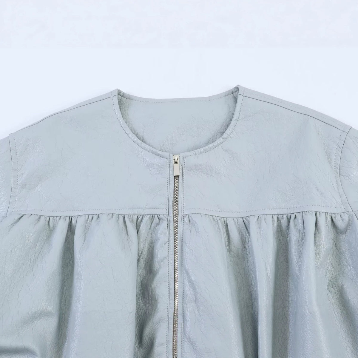 Women Oversize Faux Leather Jacket with Round Neck, Gathered Yoke and Balloon Sleeves Fashion Glam