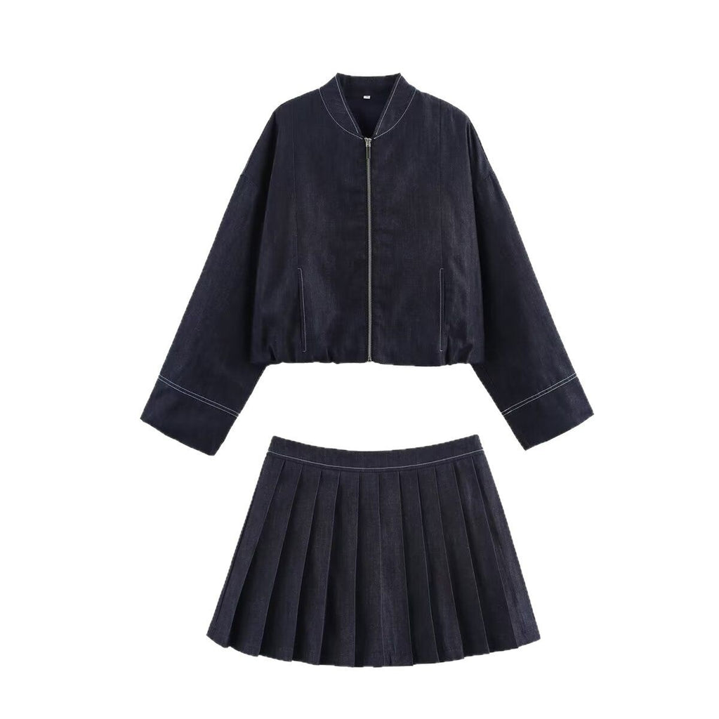 Women Cropped Denim Bomber Jacket with Dropped Shoulders and Contrast Stitch Fashion Glam