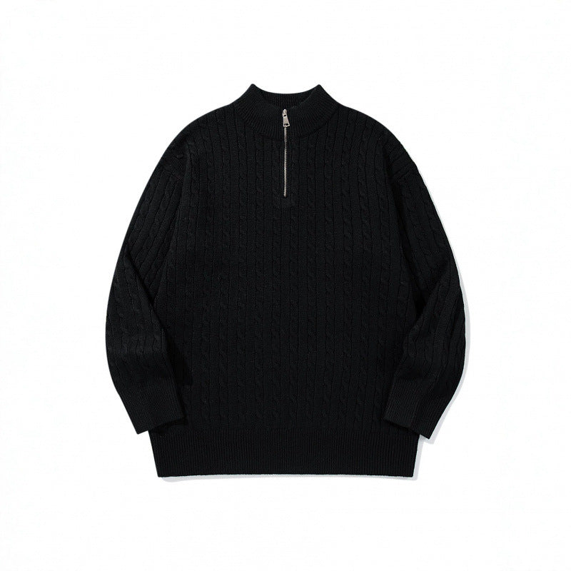 Unisex Oversize Braided Knit Half-Zip Sweater with Short Stand-Up Collar and Wide Ribbed Hem Fashion Glam