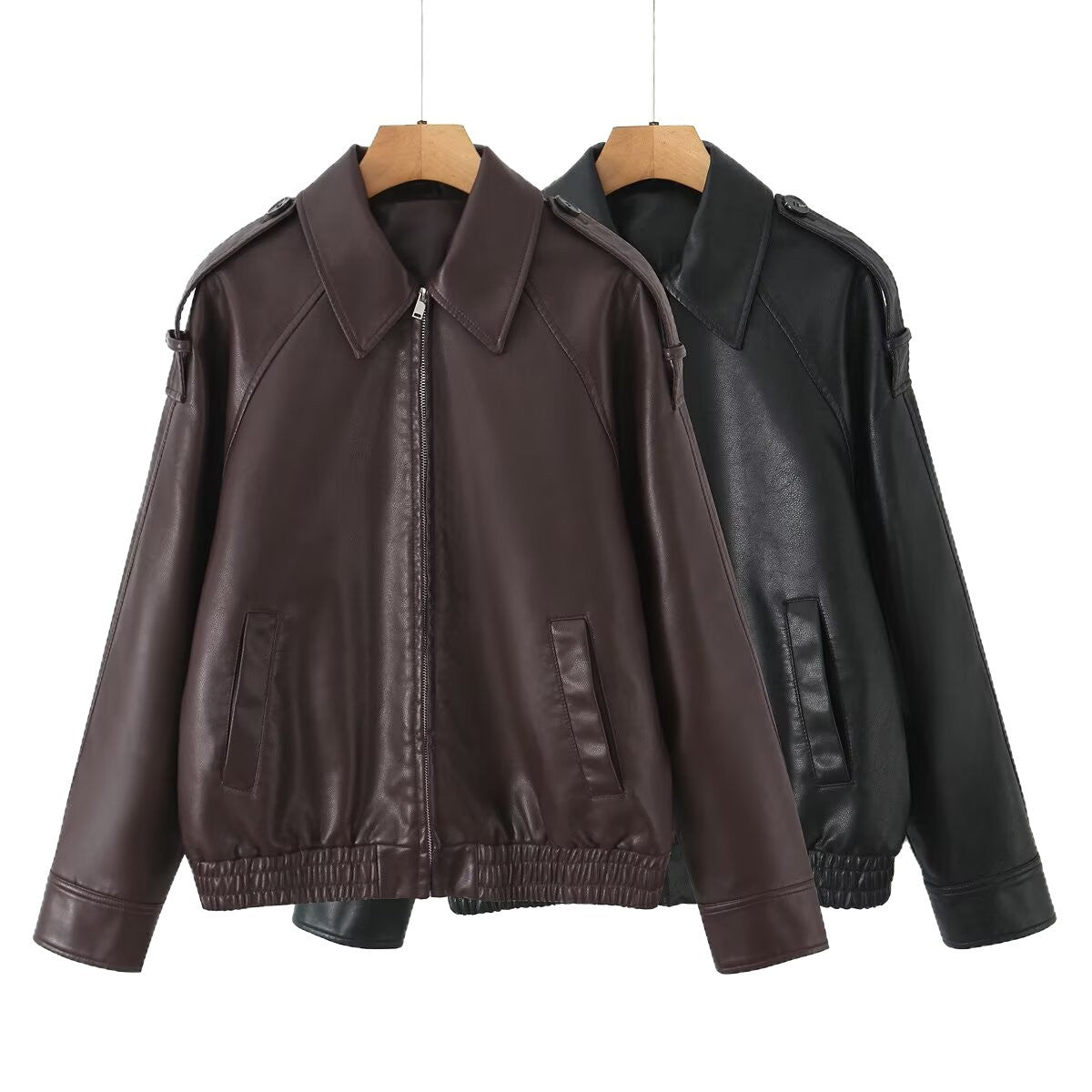 Women's Oversized Faux Leather Flight Jacket with Bonded Collar, Shoulder Epaulettes, and Elastic Hem Fashion Glam
