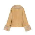 Women's short jacket made of faux suede with voluminous shawl collar and fur cuffs Fashion Glam