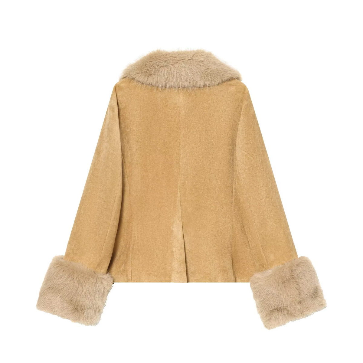 Women's short jacket made of faux suede with voluminous shawl collar and fur cuffs Fashion Glam