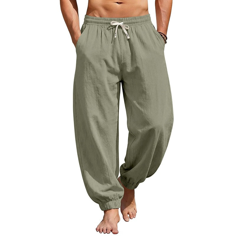 Men's relaxed harem pants made of linen blend with elastic tunnel drawstring waistband and gathered ankle cuffs Fashion Glam