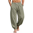 Men's relaxed harem pants made of linen blend with elastic tunnel drawstring waistband and gathered ankle cuffs Fashion Glam