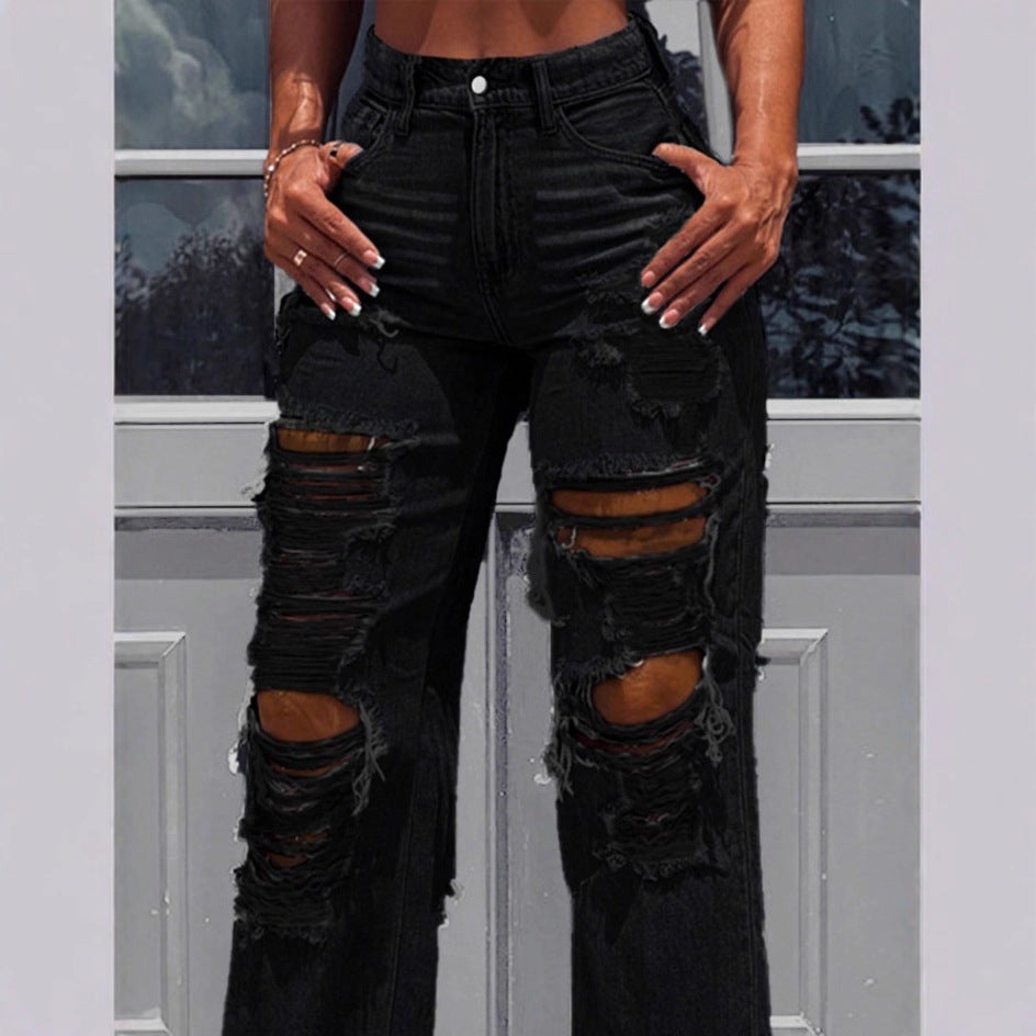 Ladies high-waisted destroyed jeans with wide legs and large knee rips Fashion Glam