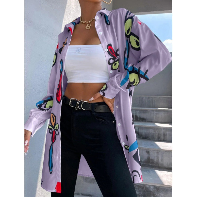 Women's Oversized Long Blouse with Pop Art Print, Shirt Collar and Continuous Button Placket Fashion Glam