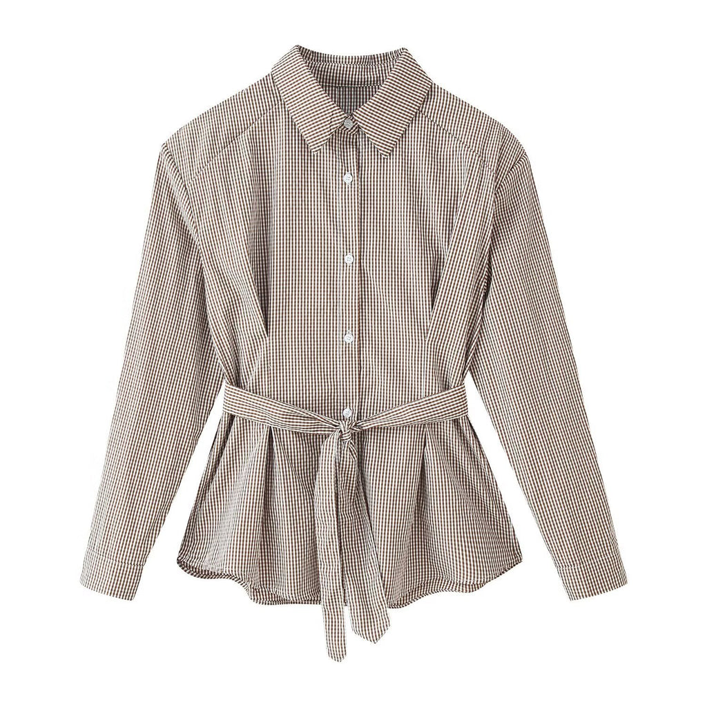 Women Tailored Shirt Dress with Check Pattern and Tied Belt Fashion Glam