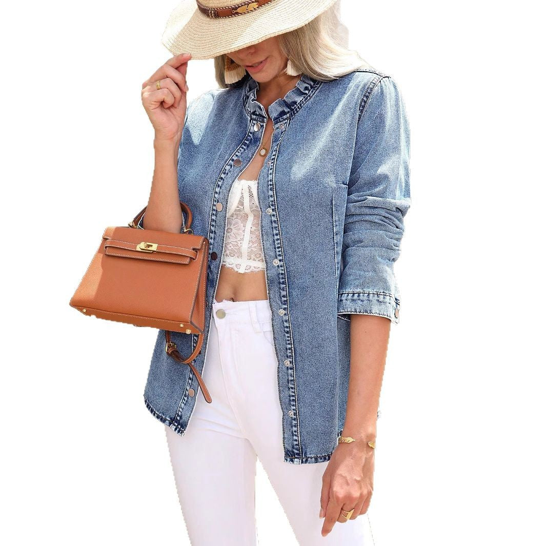 Women's Casual Long Denim Shirt Jacket with Stand Collar and Metal Button Placket Fashion Glam