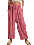 Women's High-Waisted Relaxed Cargo Pants made of Linen Blend with Drawstring and Patch Pockets Fashion Glam