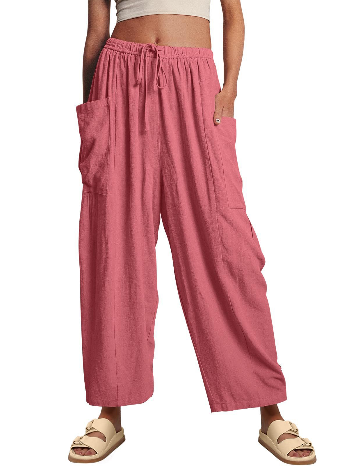 Women's High-Waisted Relaxed Cargo Pants made of Linen Blend with Drawstring and Patch Pockets Fashion Glam