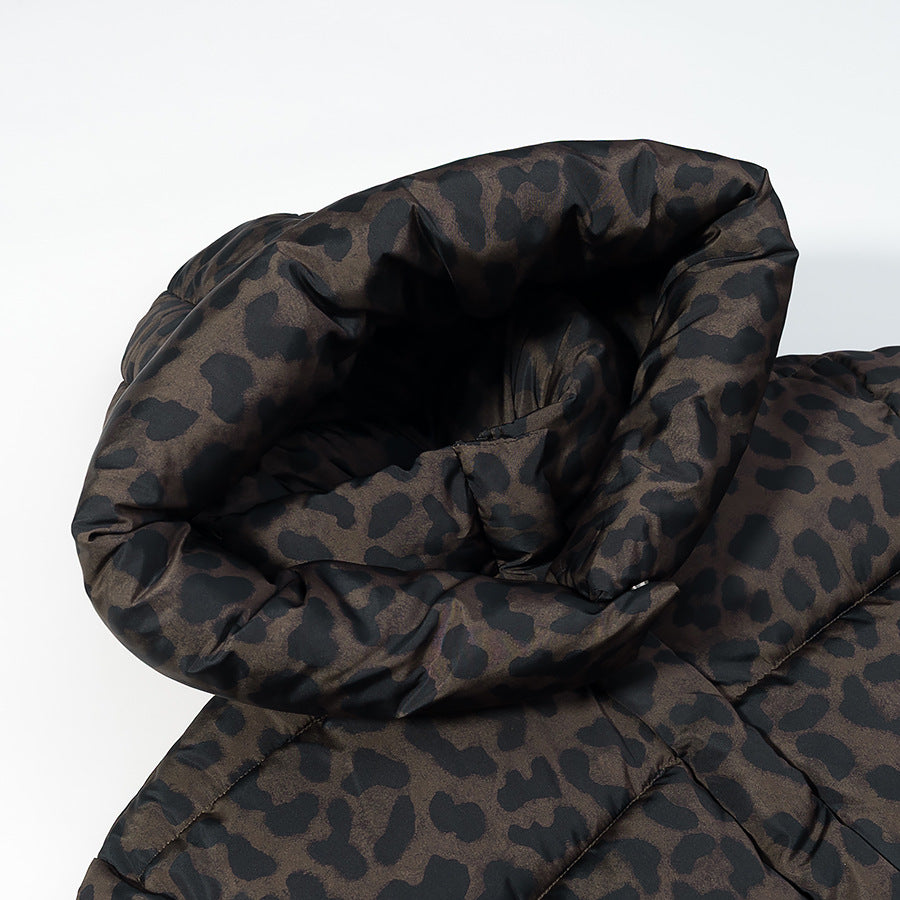 Women's Short Quilted Oversized Down-Effect Jacket with High Funnel Neck and Leopard Print Fashion Glam
