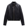 Ladies short cut faux leather bomber jacket with standing collar and zipper Fashion Glam