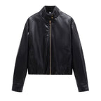 Ladies short cut faux leather bomber jacket with standing collar and zipper Fashion Glam