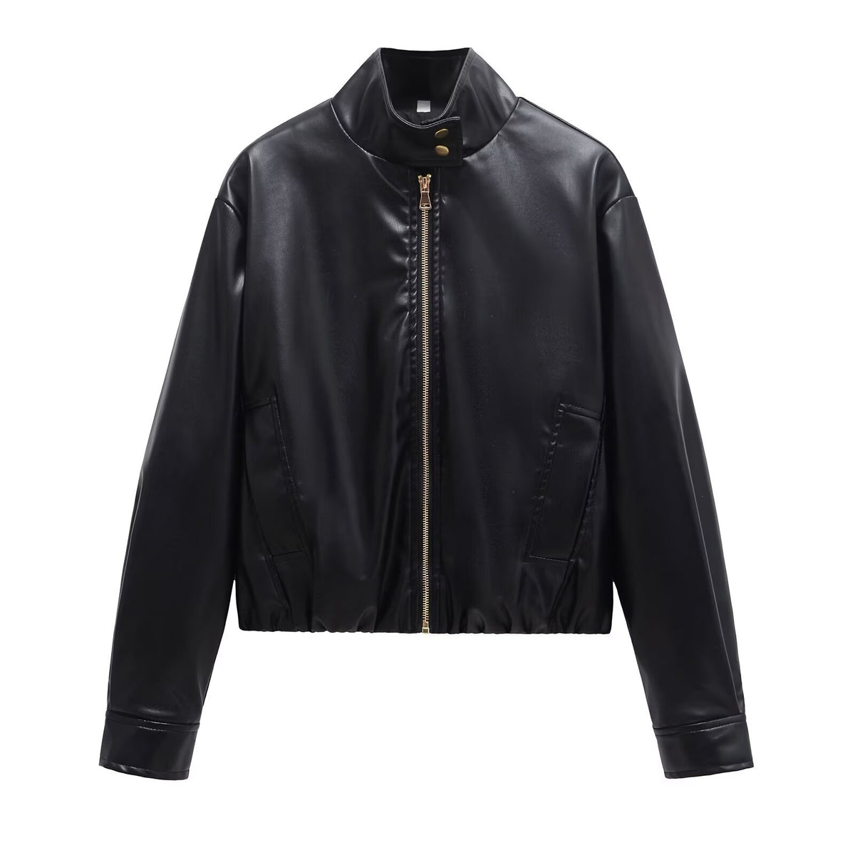 Ladies short cut faux leather bomber jacket with standing collar and zipper Fashion Glam