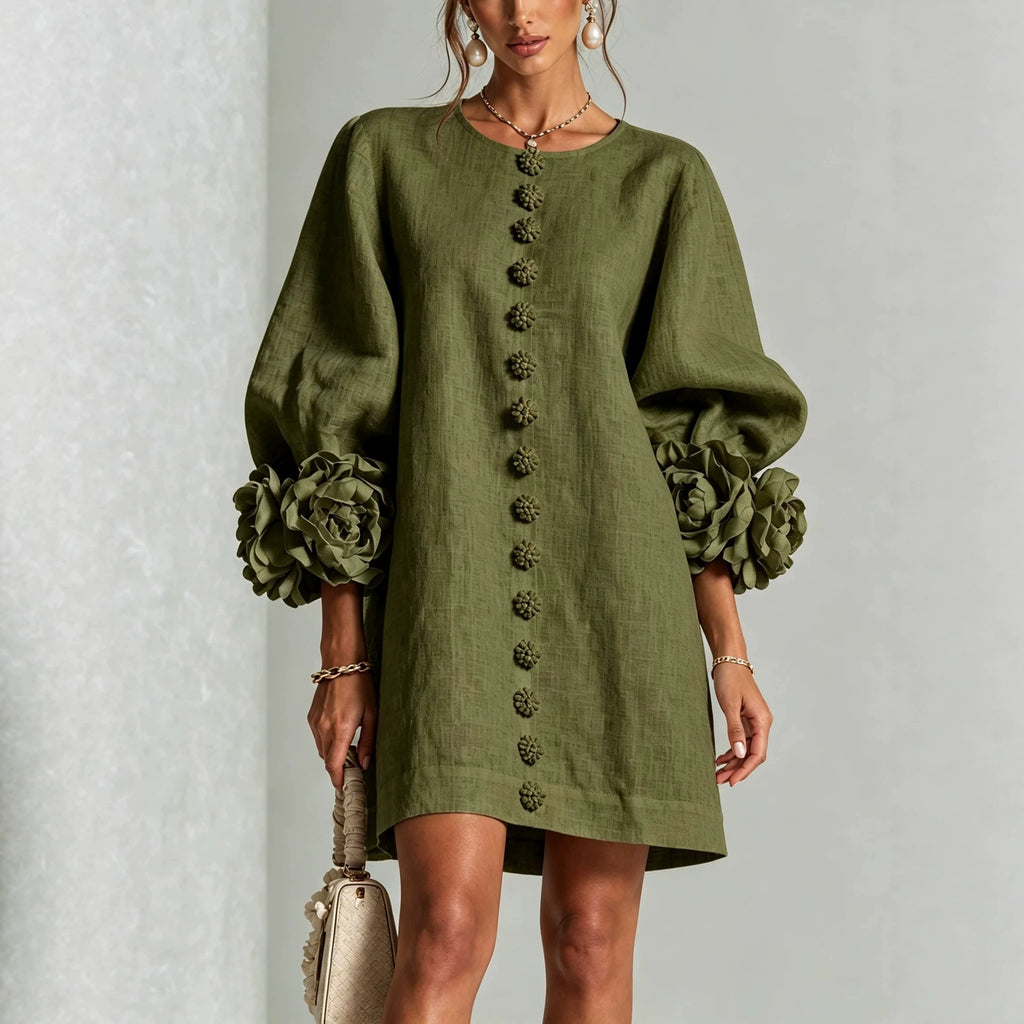 Ladies linen dress in A-line cut with balloon sleeves and 3D flower decoration Fashion Glam