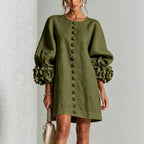 Ladies linen dress in A-line cut with balloon sleeves and 3D flower decoration Fashion Glam