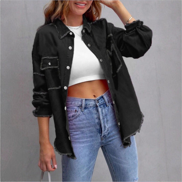 Women's Oversized Denim Utility Jacket with Frayed Edges and Flap Pockets Fashion Glam