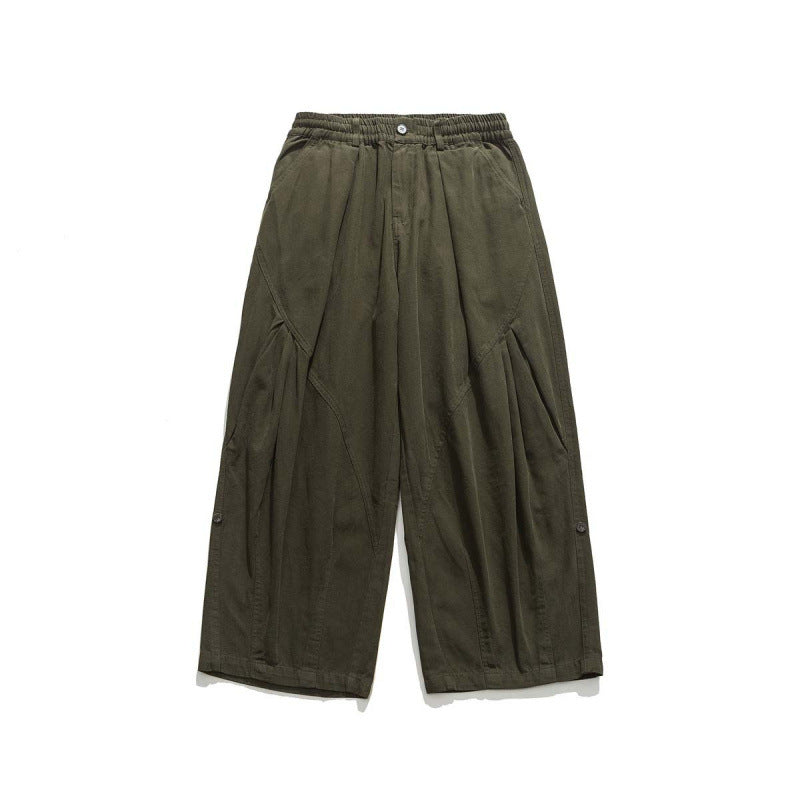 Men's Wide Cropped Canvas Pants in Utility Look with Elastic Waistband and Distinctive Pleats Fashion Glam