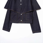 Women's Short Jeans Jacket with Cape Insert, Flap Pockets and Snap Buttons Fashion Glam