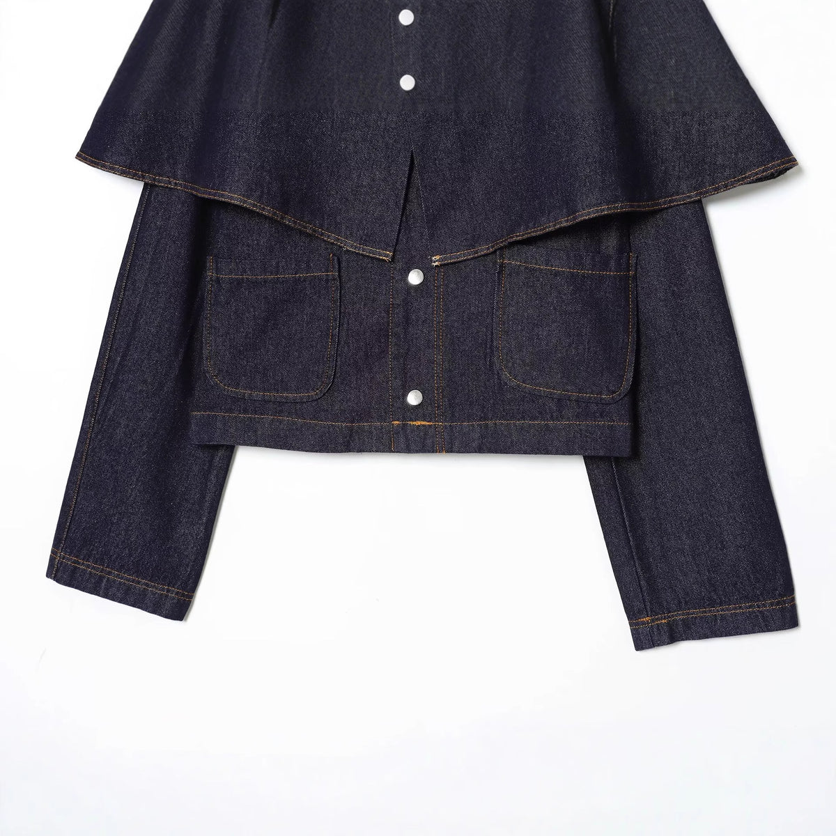 Women's Short Jeans Jacket with Cape Insert, Flap Pockets and Snap Buttons Fashion Glam