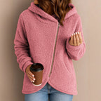 Women's teddy fleece jacket with asymmetrical zipper, hood and curved hem Fashion Glam