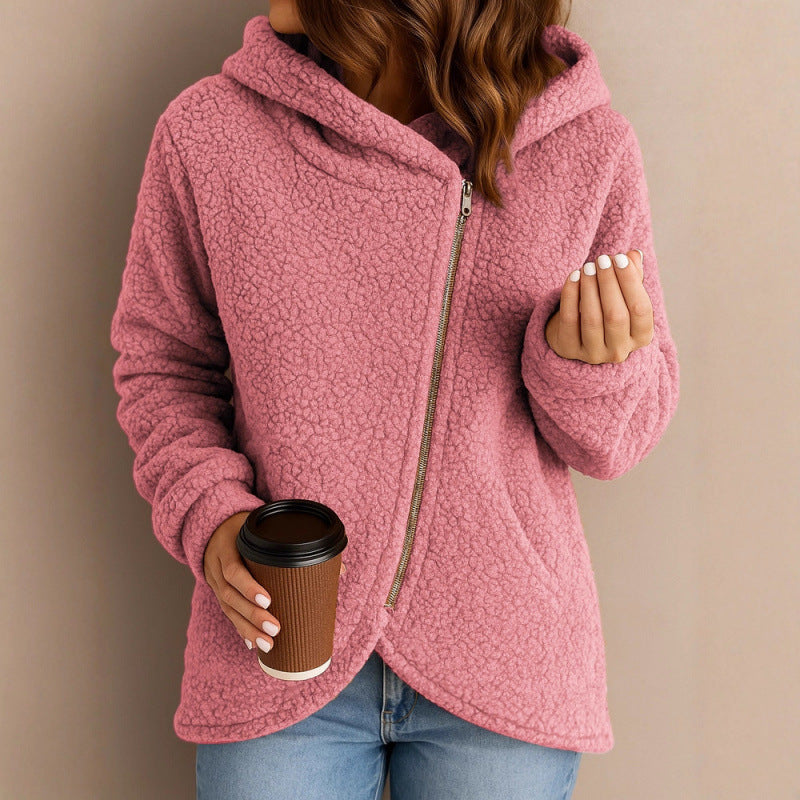 Women's teddy fleece jacket with asymmetrical zipper, hood and curved hem Fashion Glam