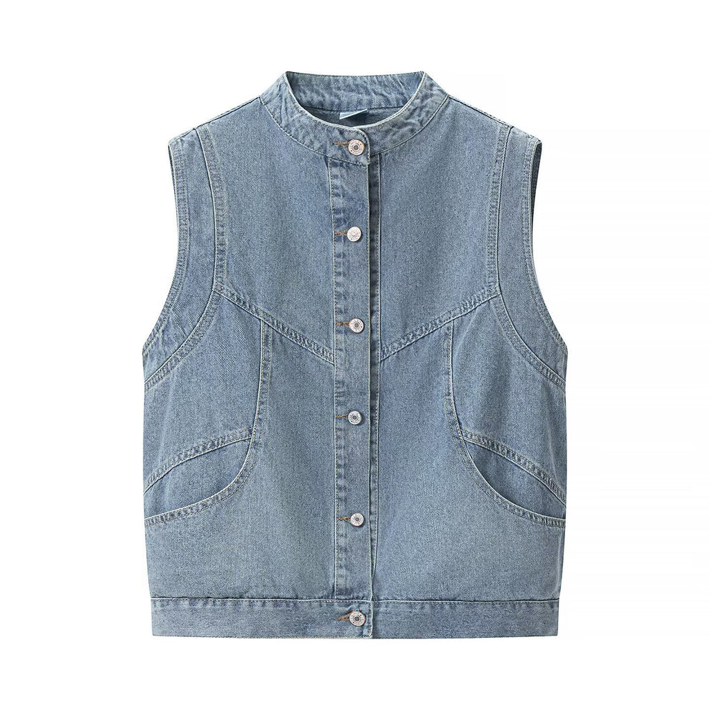 Women's jeans vest with stand-up collar, full-length button placket, and patch pockets Fashion Glam