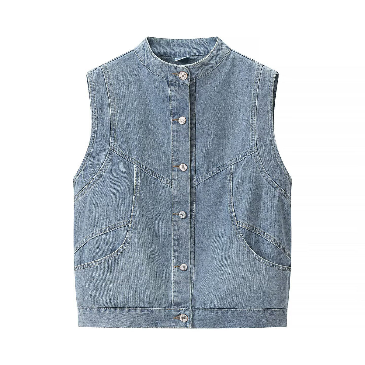Women's jeans vest with stand-up collar, full-length button placket, and patch pockets Fashion Glam