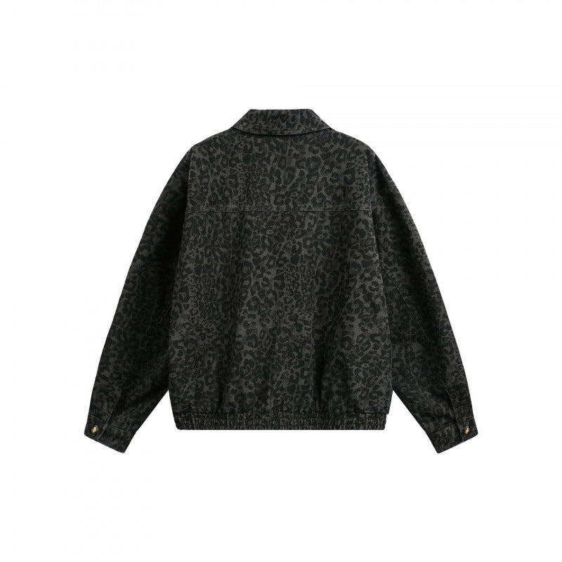 Men's Loose Boxy Jacket with Leopard Print, Full Zip and Elastic Hem Fashion Glam