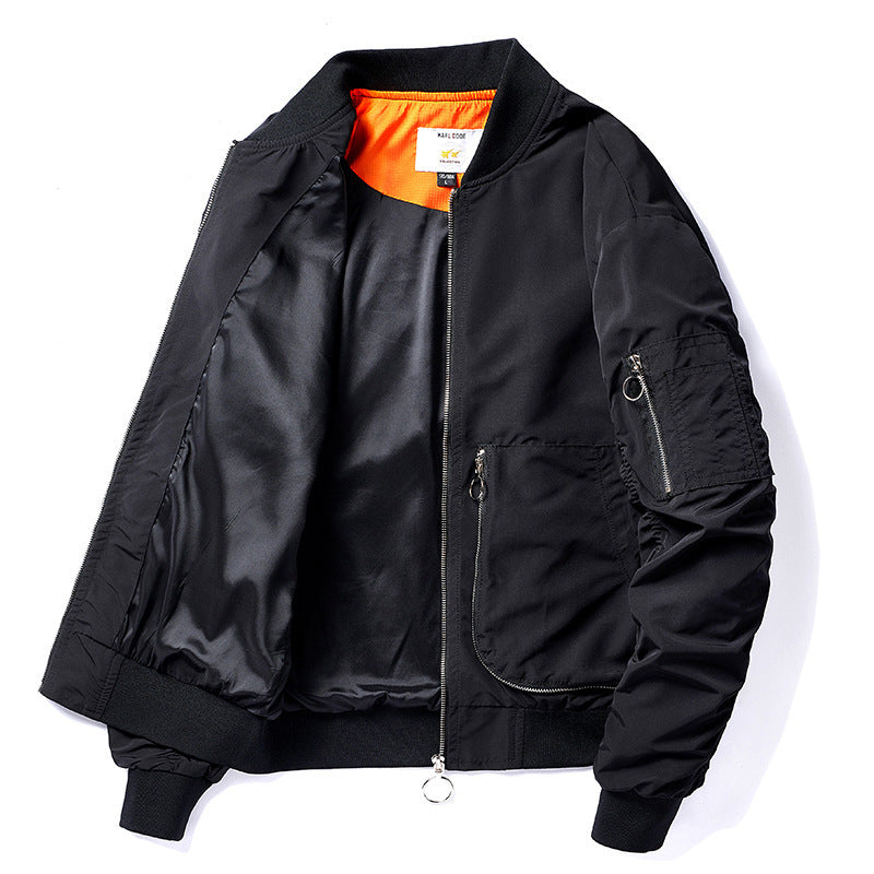 Men's Nylon Bomber Jacket in Aviator Style with Zipper Arm Pocket and Contrasting Lining Fashion Glam