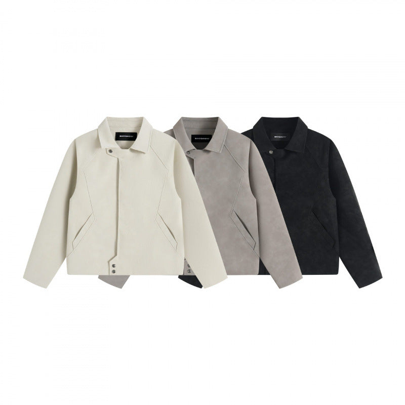 Unisex short jacket in minimalist suede look with concealed front placket and shirt collar Fashion Glam