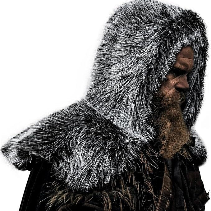 Men's hooded cloak made of dense faux fur with wide shoulder trim and warm interior lining Fashion Glam