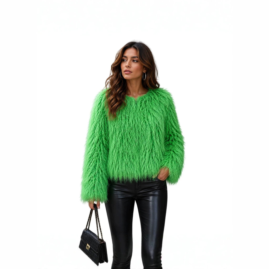 Women Short-Cut Shaggy Faux Fur Jacket with Round Neck, Extra Soft Long Hair and Casual Fit Fashion Glam