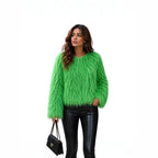 Women Short-Cut Shaggy Faux Fur Jacket with Round Neck, Extra Soft Long Hair and Casual Fit Fashion Glam