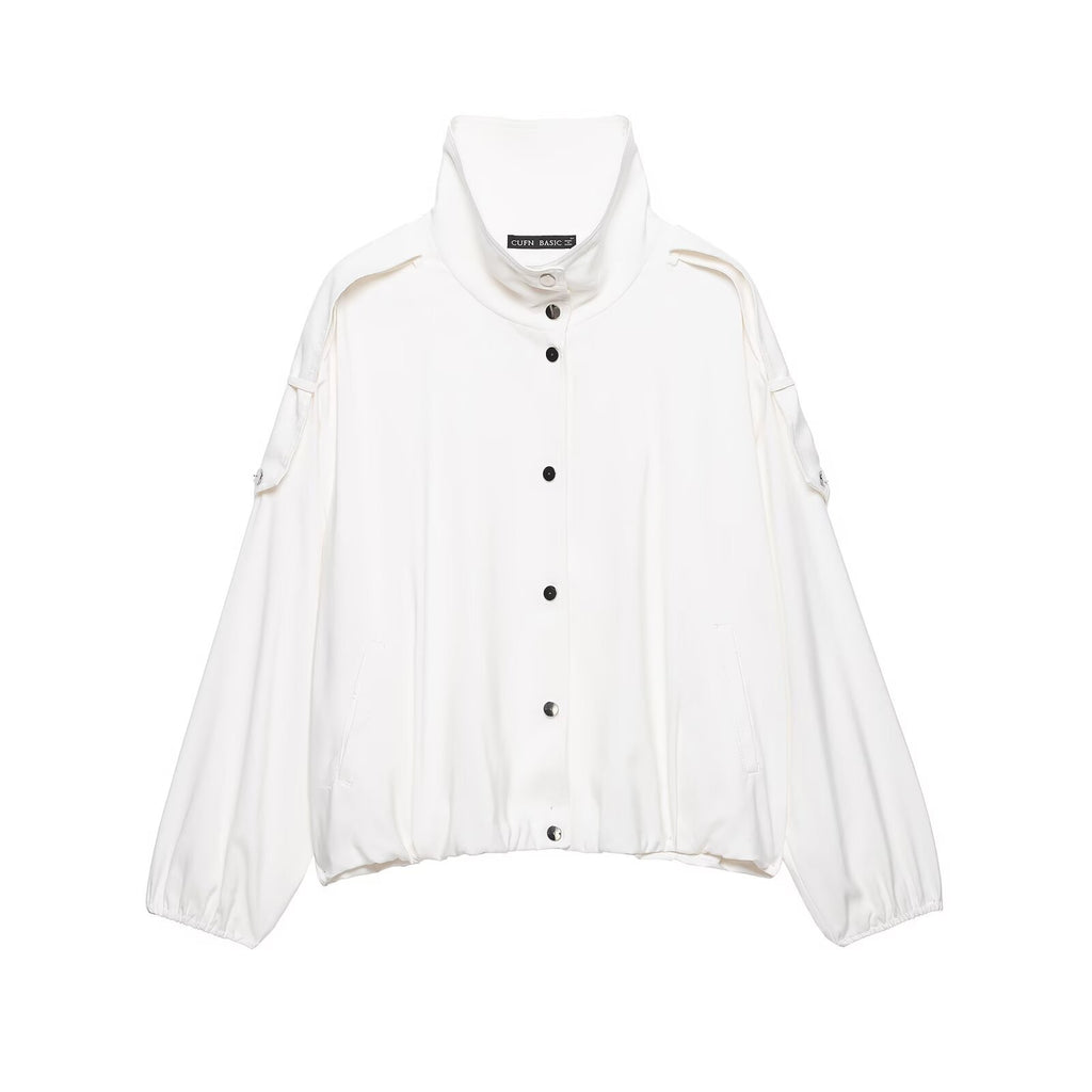Women Oversize Blouson Jacket with Stand-Up Collar and Snap Front Fashion Glam
