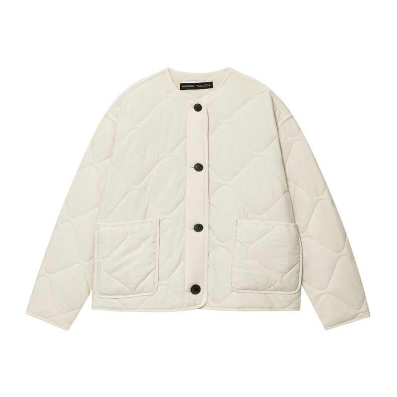 Women's Quilted Oversized Quilted Jacket with Round Neckline, Patch Pockets and Button Placket Fashion Glam