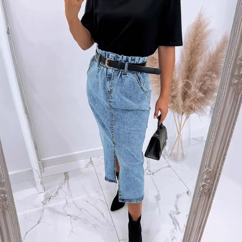 Women's High-Waisted Paperbag Denim Midi Skirt with Front Slit and Tied Belt Fashion Glam