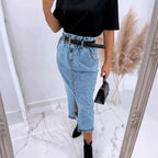 Women's High-Waisted Paperbag Denim Midi Skirt with Front Slit and Tied Belt Fashion Glam