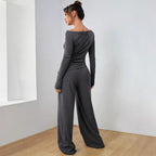 Women’s loungewear set made of softly falling jersey with a boat neckline, fitted long sleeve, and wide palazzo pants Fashion Glam