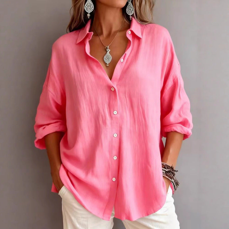 Women's Loose Linen Look Shirt with Oversized Cut and Round Hem Fashion Glam