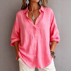 Women's Loose Linen Look Shirt with Oversized Cut and Round Hem Fashion Glam