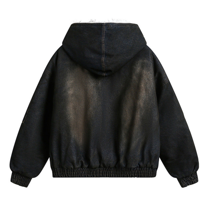 Men's Padded Bomber Jacket with Teddy Lining, Hood and Used Finish Fashion Glam